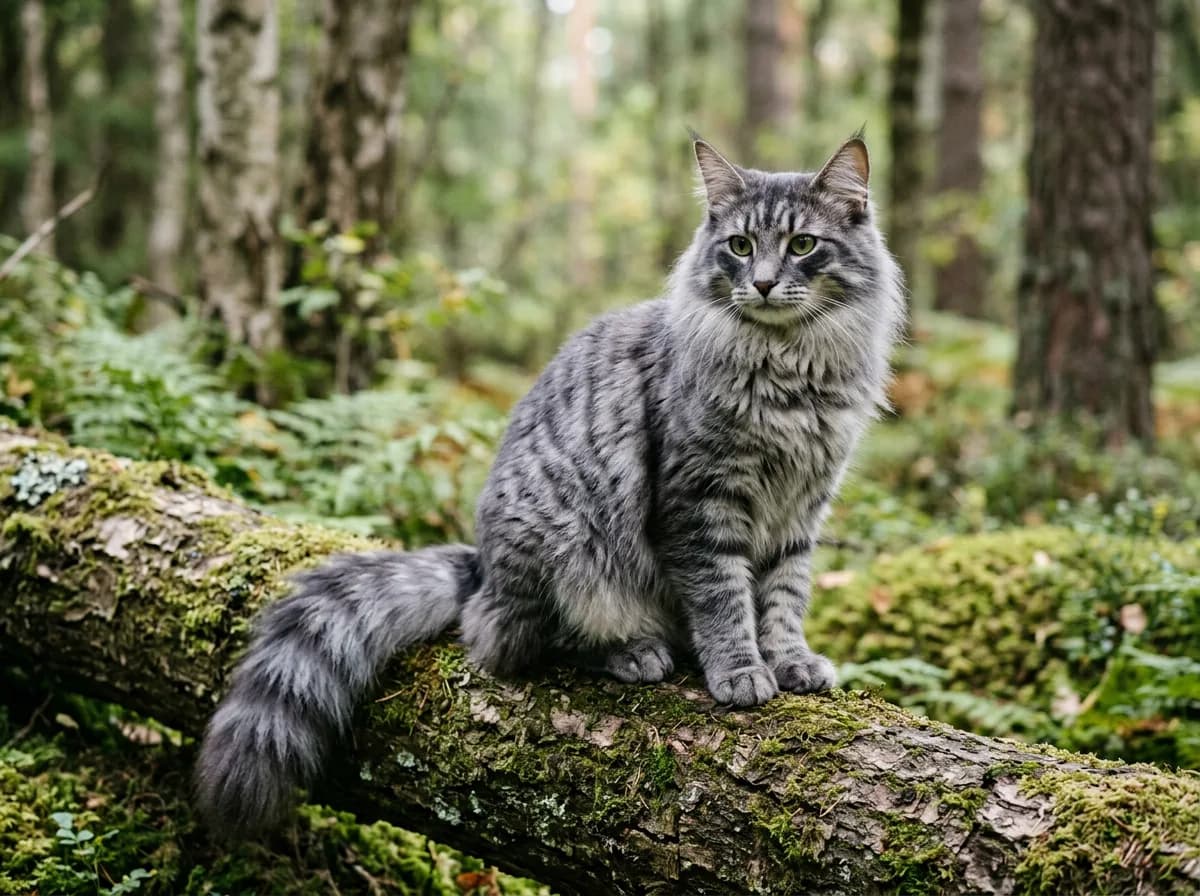 Blue tabby Norwegian Forest Cat with a thick ruff and long gray-striped coat perched on a mossy log outdoors