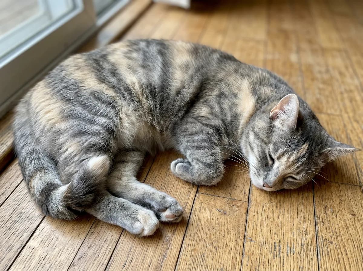 Dilute torbie cat with gray tabby striping interrupted by soft cream patches resting on a wooden floor