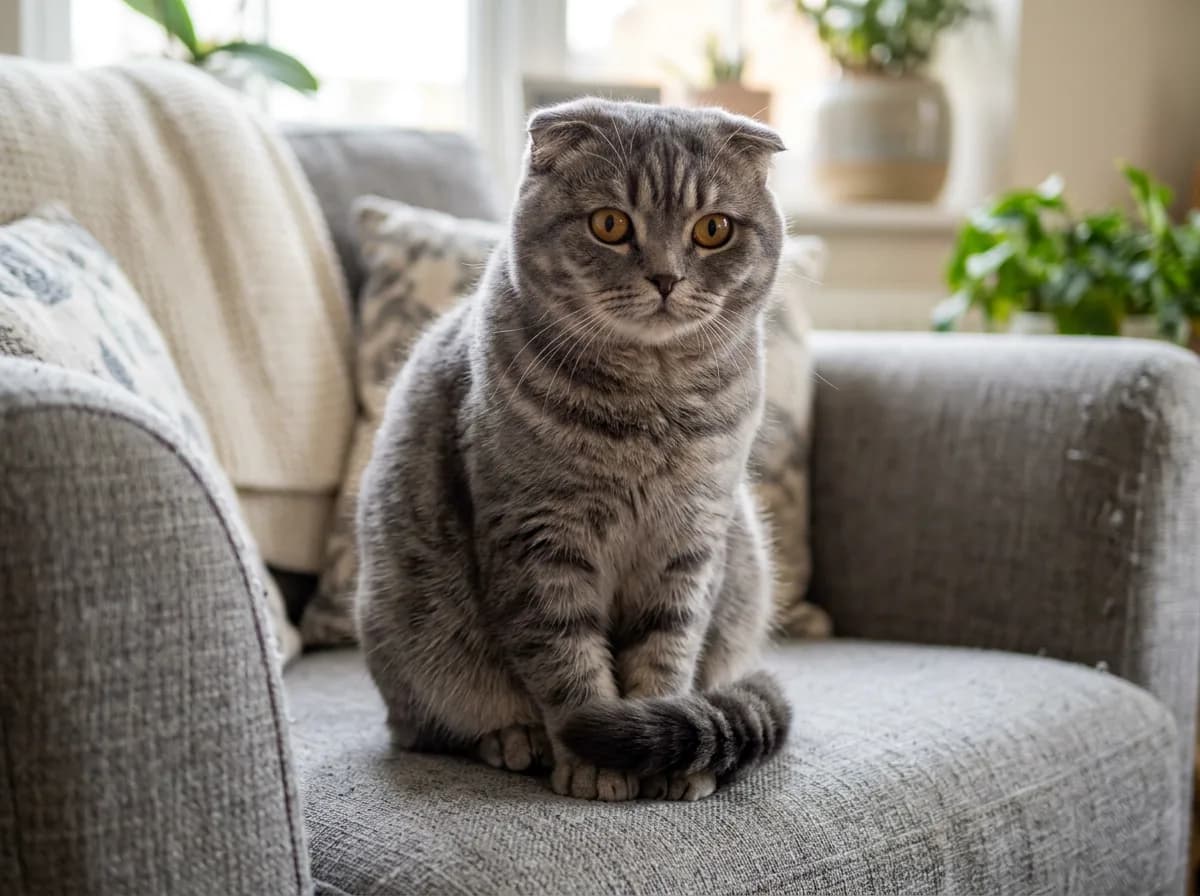 Blue tabby Scottish Fold cat with folded ears and large round eyes sitting upright on a gray armchair