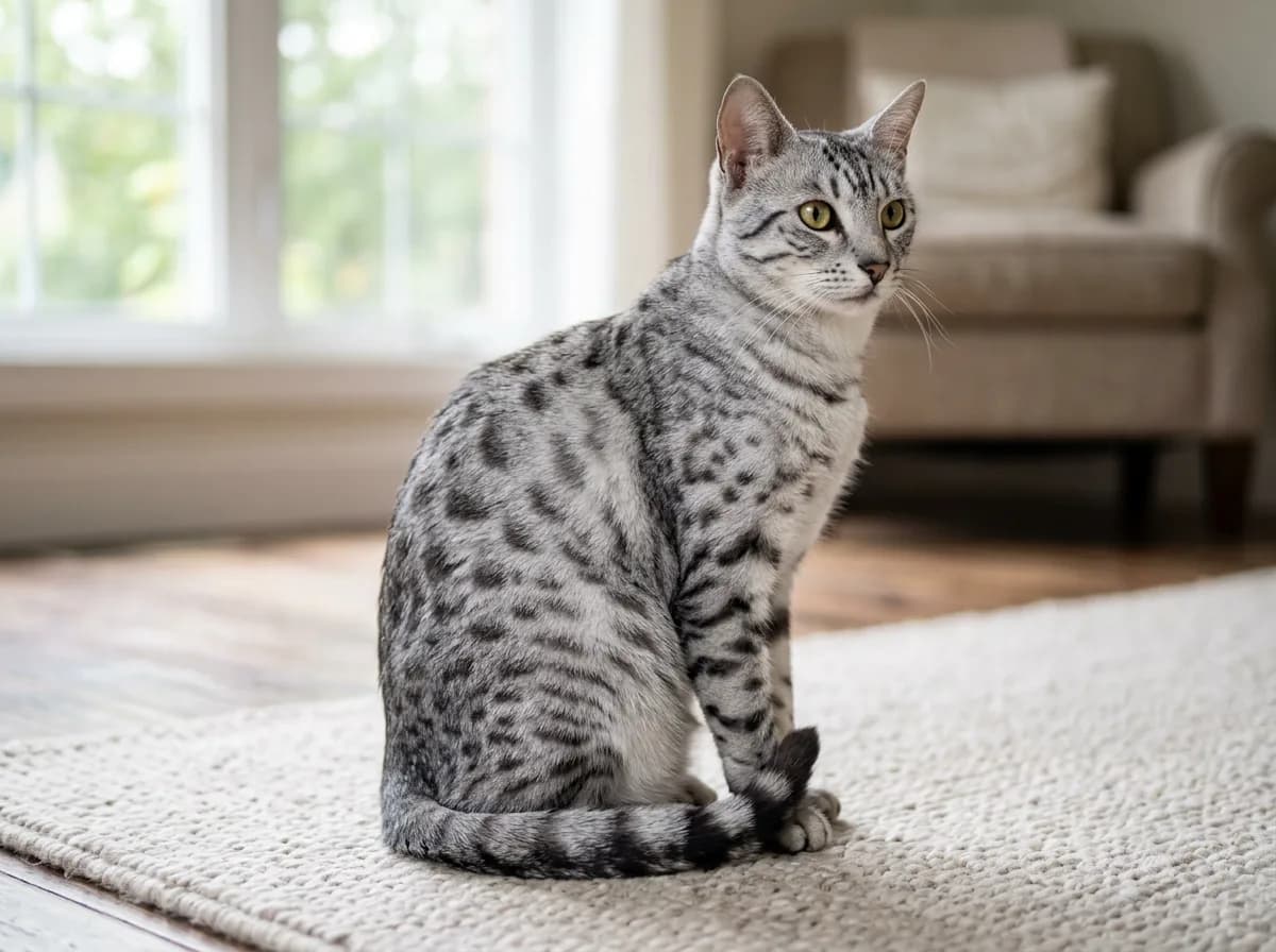 Gray spotted tabby cat sitting upright with dark oval spots scattered across a soft silver-gray coat
