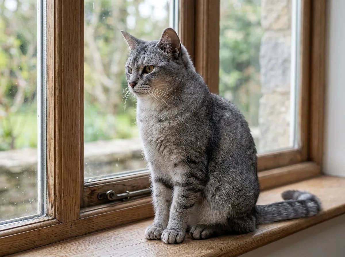 Gray ticked tabby cat with a finely speckled salt-and-pepper coat and faint leg barring sitting by a window