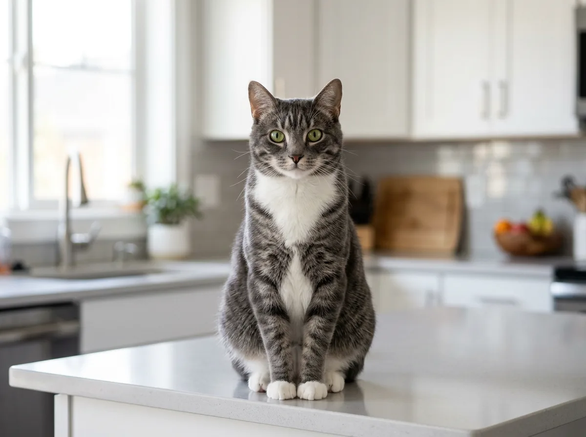 Gray tabby cat with white bib, chest, and paws sitting upright on a kitchen counter looking at the camera