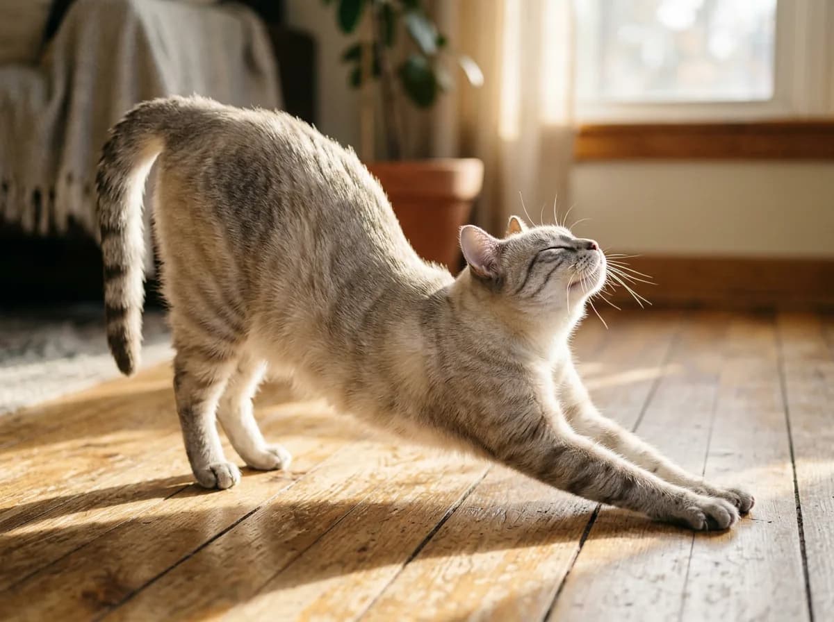 Light gray tabby cat with pale silvery-fawn fur and soft slate stripes stretching in morning sunlight