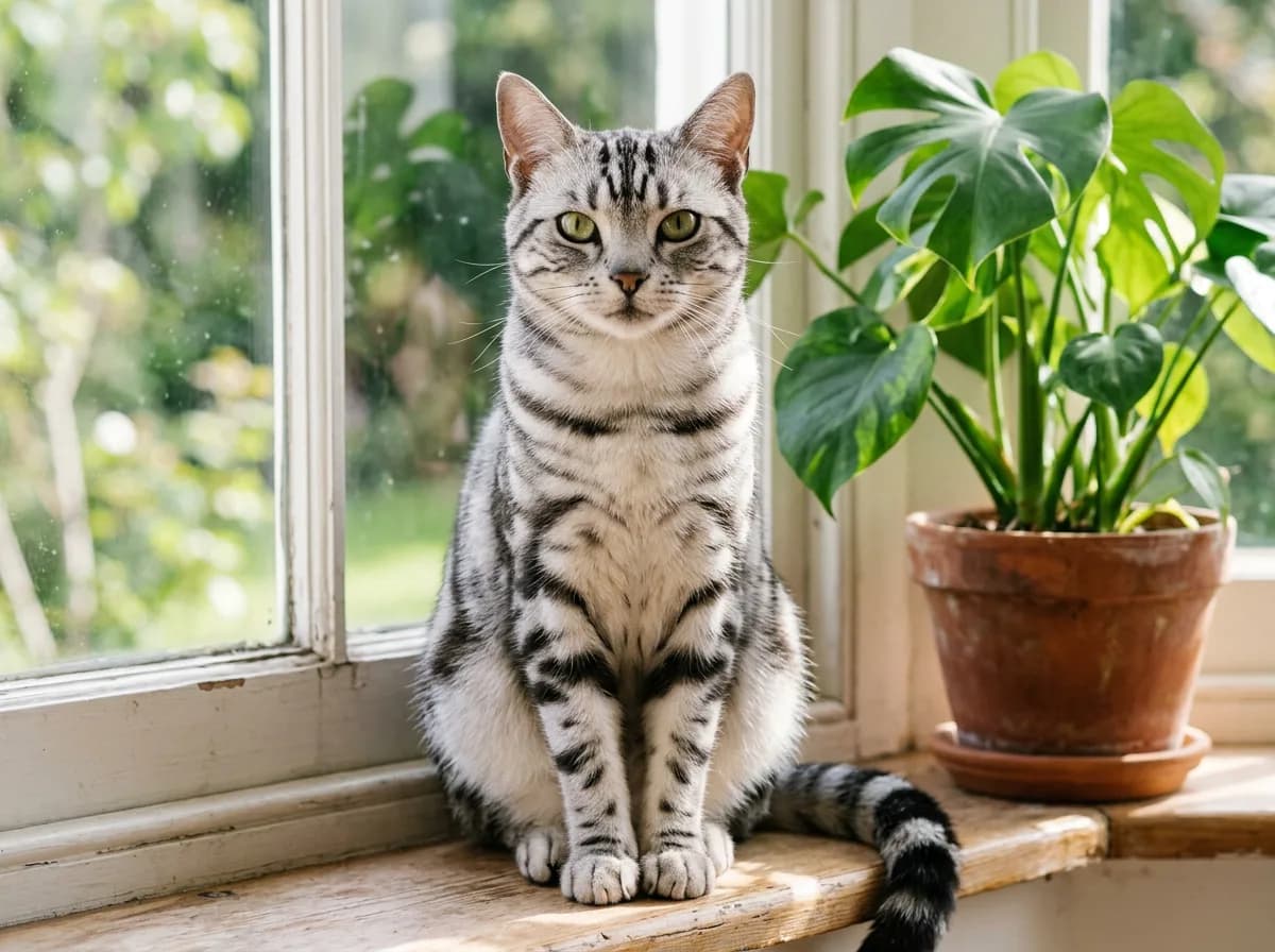 Silver tabby cat with high-contrast black stripes over a pale silvery-white coat sitting beside a houseplant
