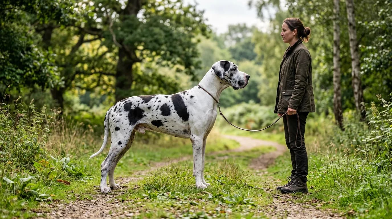 A harlequin Great Dane (white coat with irregular black patches) standing at full height on a grassy park path, its shoulder reaching an adult handler's hip, photographed in profile in soft morning light for dramatic scale