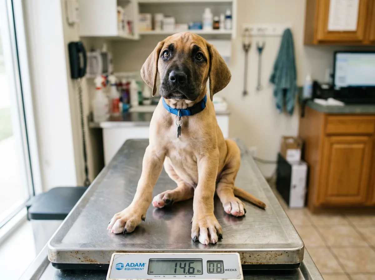 A fawn Great Dane puppy about eight weeks old sitting on a veterinary scale, oversized paws visible, looking up at the camera in a clean bright clinic, close-up angle
