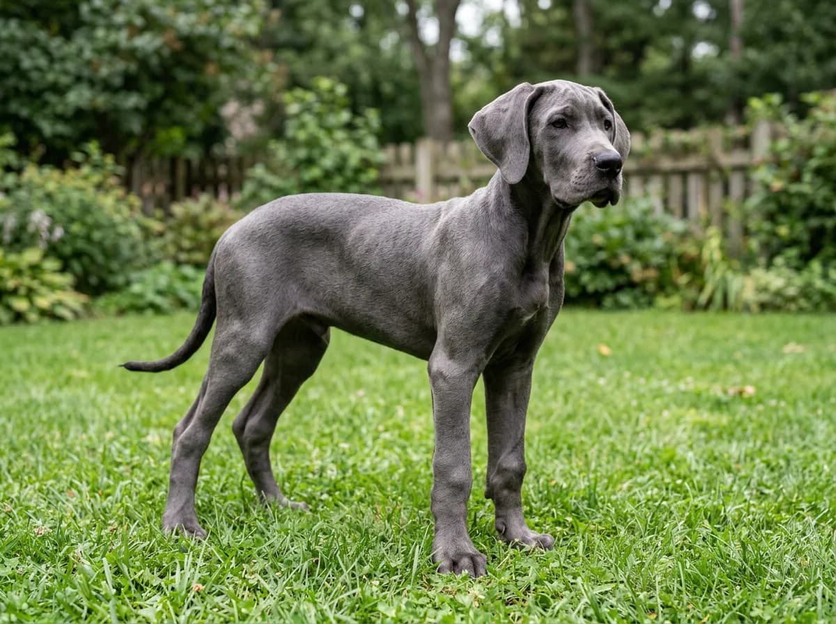 A blue (solid slate-gray) Great Dane puppy around four months old standing on green grass in a backyard, legs long and gangly, ears soft and folded, three-quarter side view