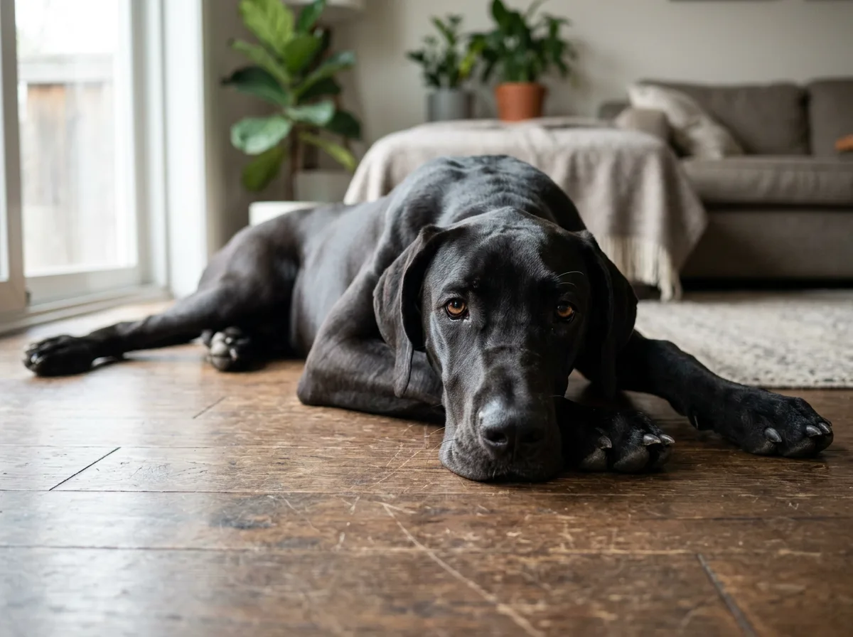 A black adolescent Great Dane around seven months old lying on a wood floor indoors, lanky and all legs, chin resting on its paws, eye-level angle