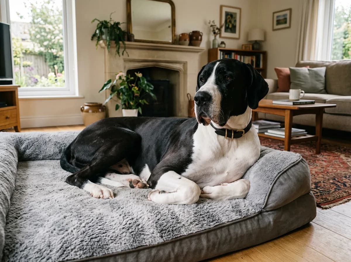 A mantle Great Dane (black and white) fully grown and mature, lying on a large orthopedic dog bed in a living room, deep broad chest and heavy bone, relaxed and calm, wide angle