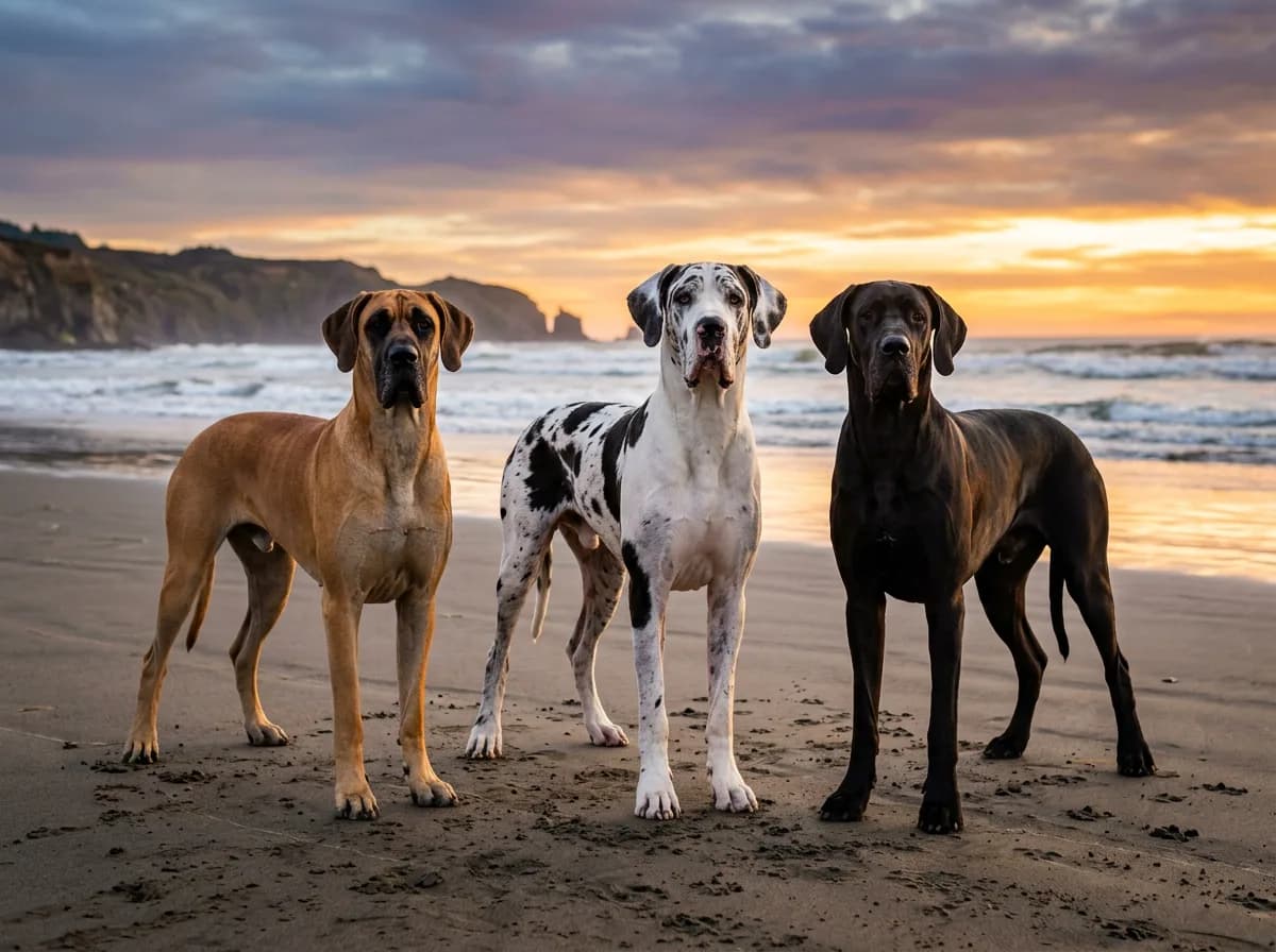 Three Great Danes of different colors (fawn, harlequin, and black) standing side by side on a beach at sunset, showing the range of adult coat colors and matched giant size, straight-on group shot