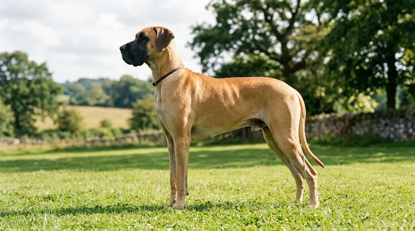 A large fawn Great Dane standing in profile on a grassy lawn on a bright day, full body visible to show the breed's towering height, tan coat with a black mask