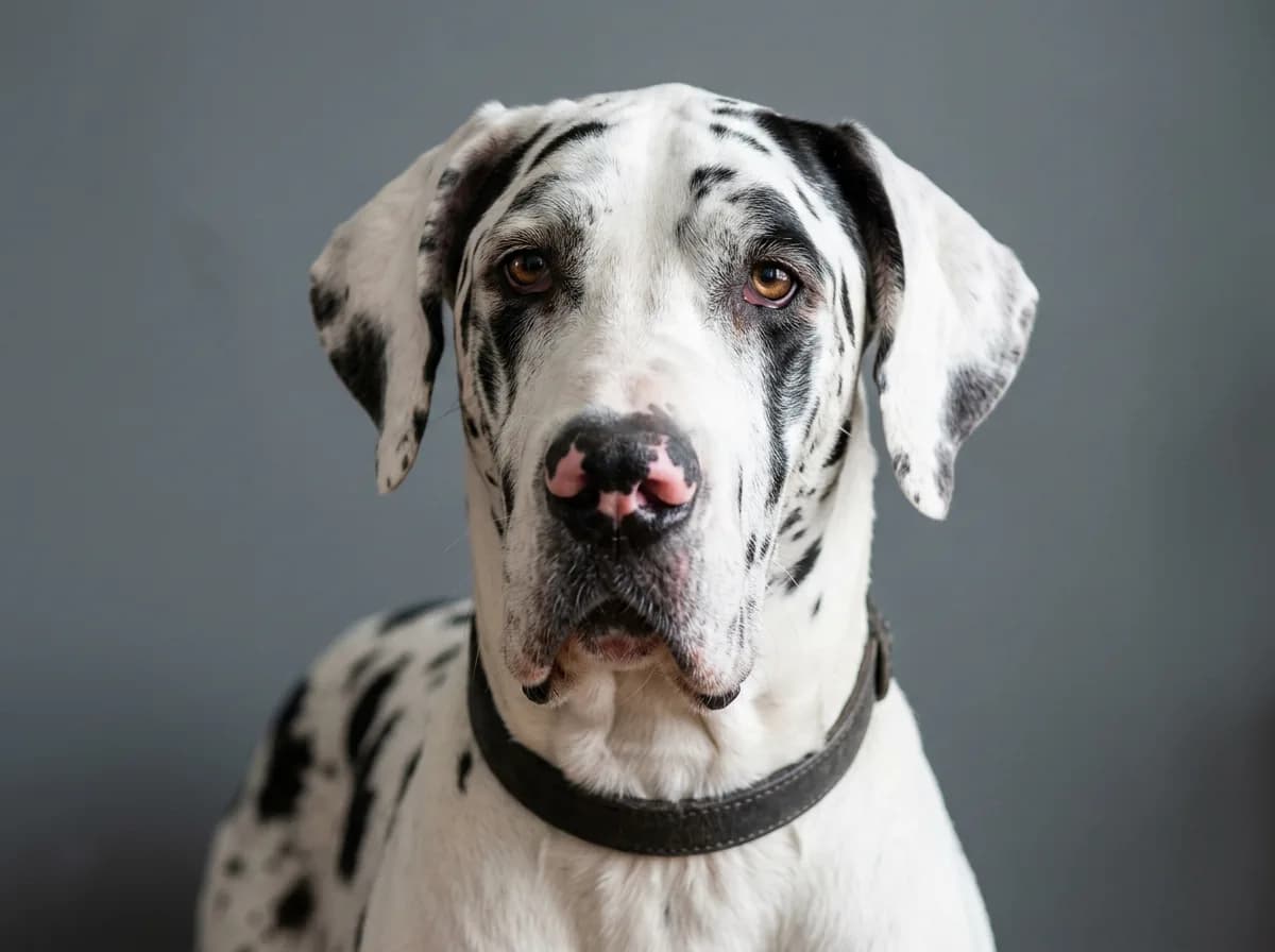 A close head-and-shoulders portrait of a harlequin Great Dane, a bright white coat with irregular torn black patches and a black-and-pink marbled nose, photographed against a soft studio-gray background