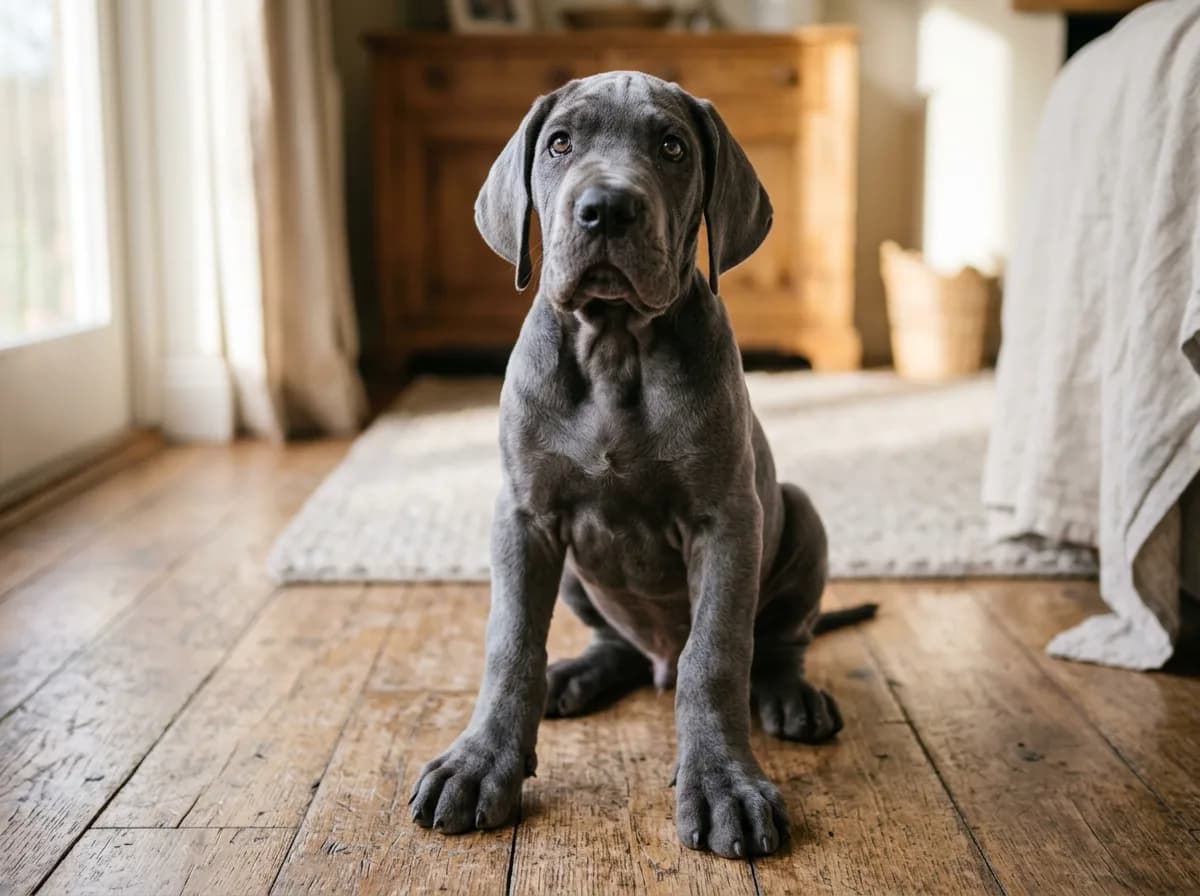 A blue (solid steel-gray) Great Dane puppy about twelve weeks old sitting on a wooden floor indoors, oversized paws and loose skin, looking up at the camera from a low angle