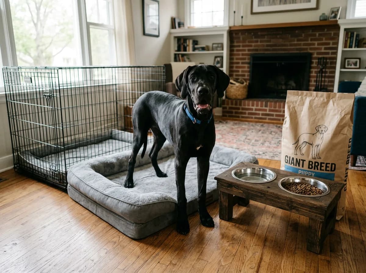 A young black Great Dane standing next to brand-new oversized supplies on a home floor, an extra-large crate, a giant orthopedic bed, an elevated double bowl stand, and a large bag of food, wide-angle to show the scale of the gear