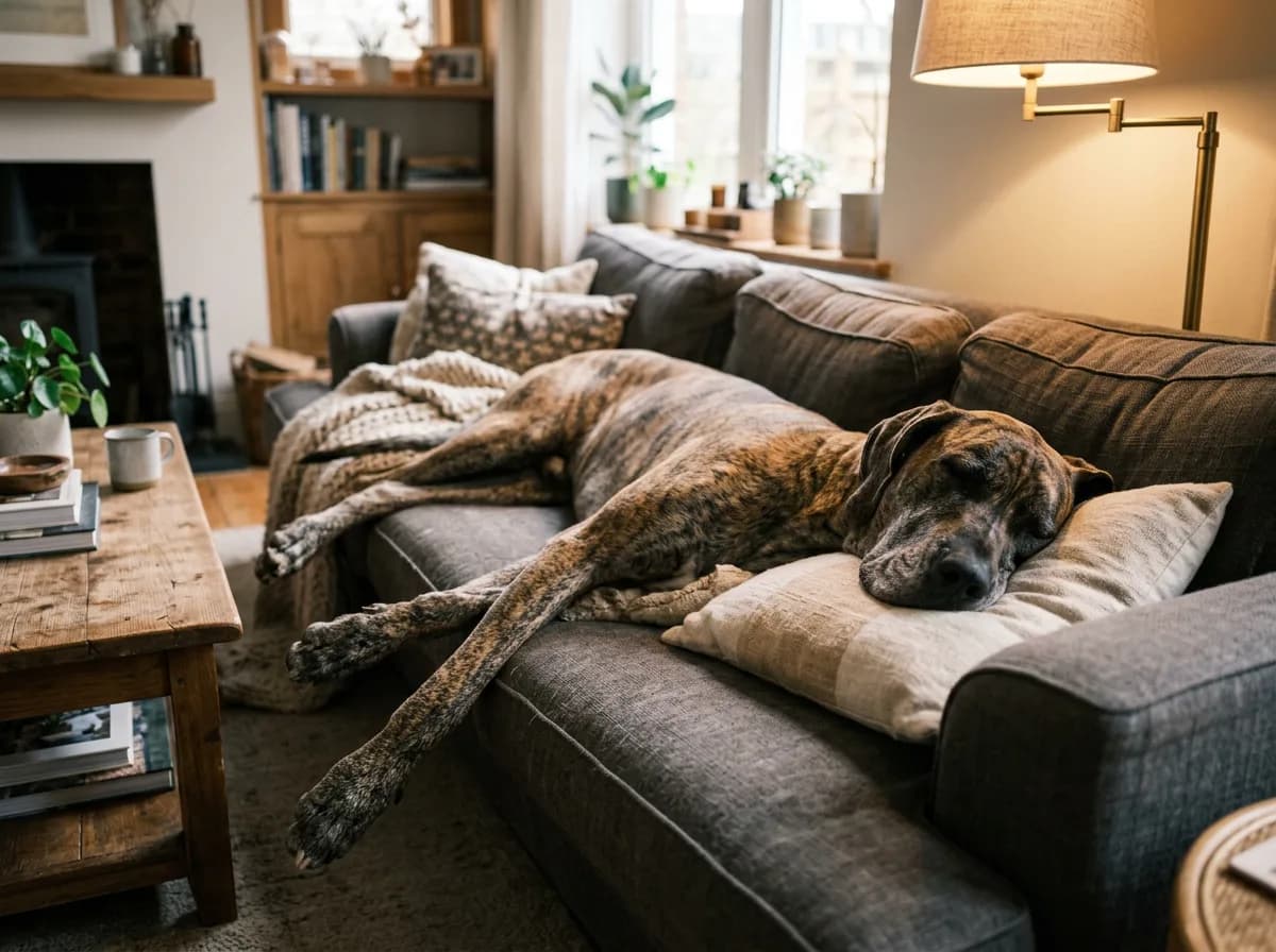 A brindle Great Dane lying stretched out and relaxed across a large living-room sofa indoors, head resting on a cushion, warm lamp lighting, looking calm and sleepy
