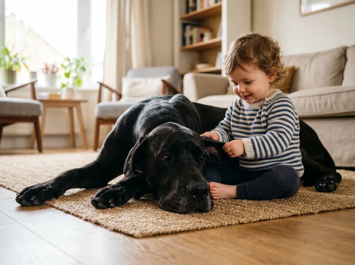 A black Great Dane lying calmly on a living-room rug beside a seated toddler, photographed at a low floor-level angle, the dog's head resting flat on the floor and dwarfing the child, soft indoor daylight