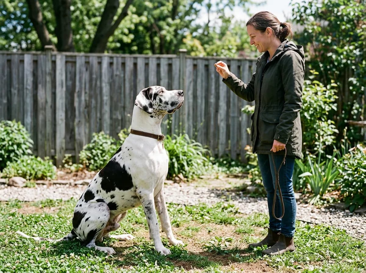 A harlequin Great Dane (white coat with torn black patches) sitting attentively in a fenced backyard, facing a standing handler who holds a treat at waist height, the dog's eyes locked upward in focus, bright midday sun, three-quarter front angle