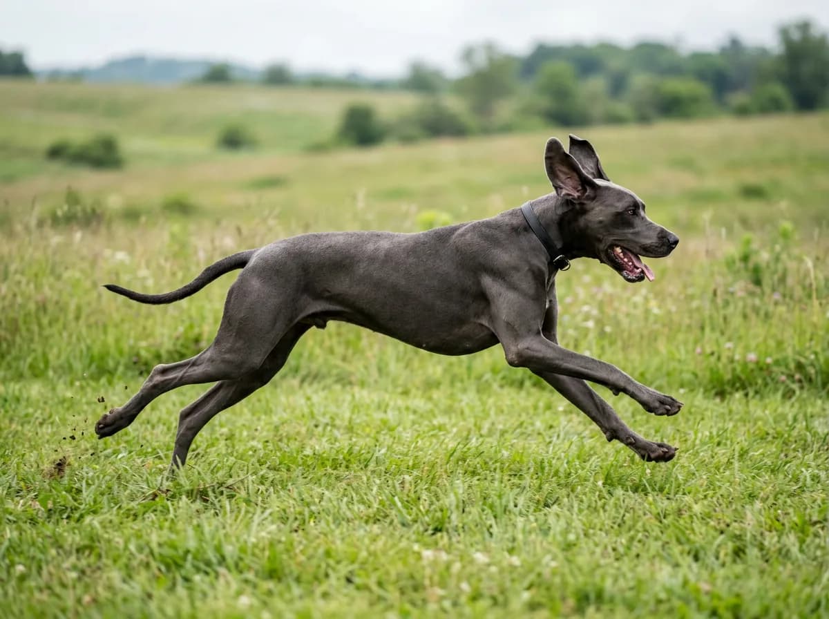 A blue (steel-gray) Great Dane running at full stride across an open green field, ears flying back and all four feet off the ground, bright overcast daylight, wide side-on action angle showing the athletic outline