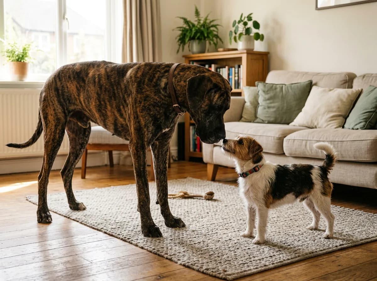 A brindle Great Dane and a small terrier meeting nose to nose on a living-room floor, both relaxed with loose bodies, the size contrast obvious, soft natural window light, eye-level angle