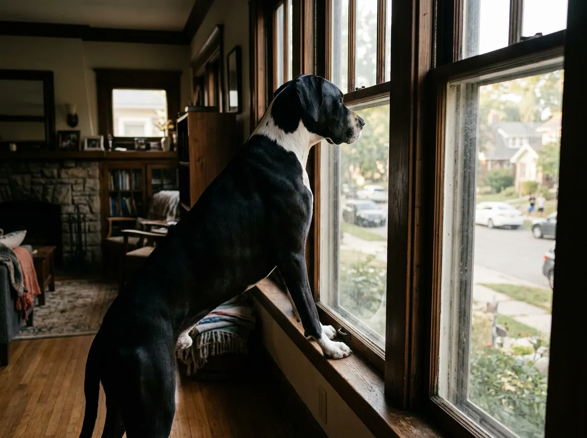 A mantle Great Dane (black body with white chest and muzzle) standing alert at a tall front window, front paws on the sill, looking out at the street, backlit by afternoon daylight so the massive silhouette dominates the frame, viewed from behind and to the side