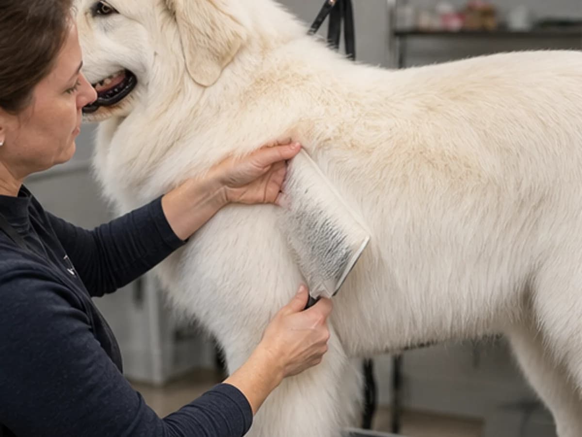 Owner line-brushing the double coat in sections