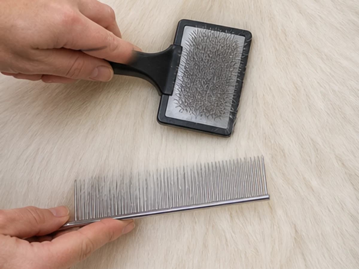 Close-up of slicker brush and comb use without skin abrasion
