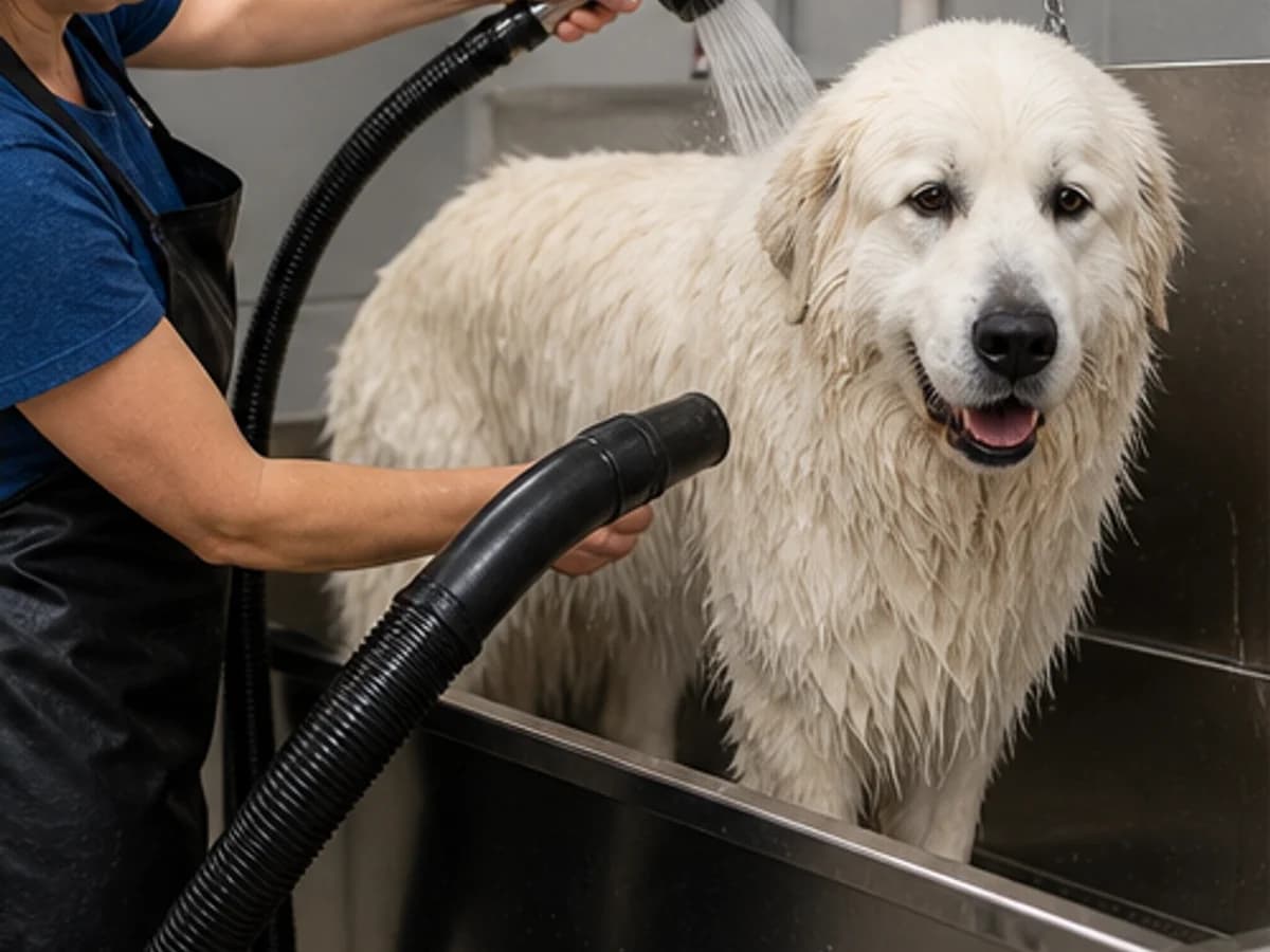 Bathing and thorough drying of a giant white dog