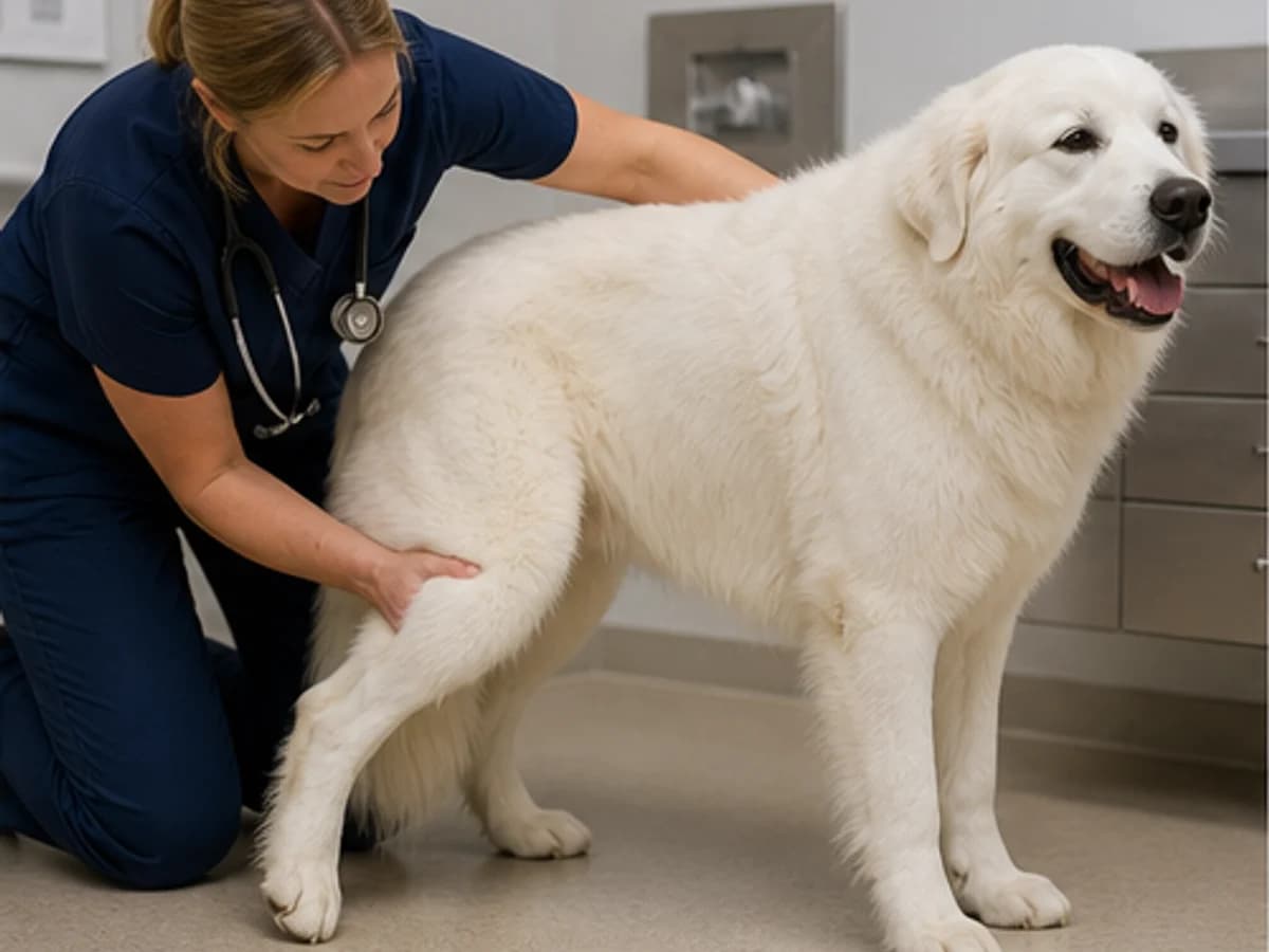 Veterinarian demonstrating hip or joint assessment without distress
