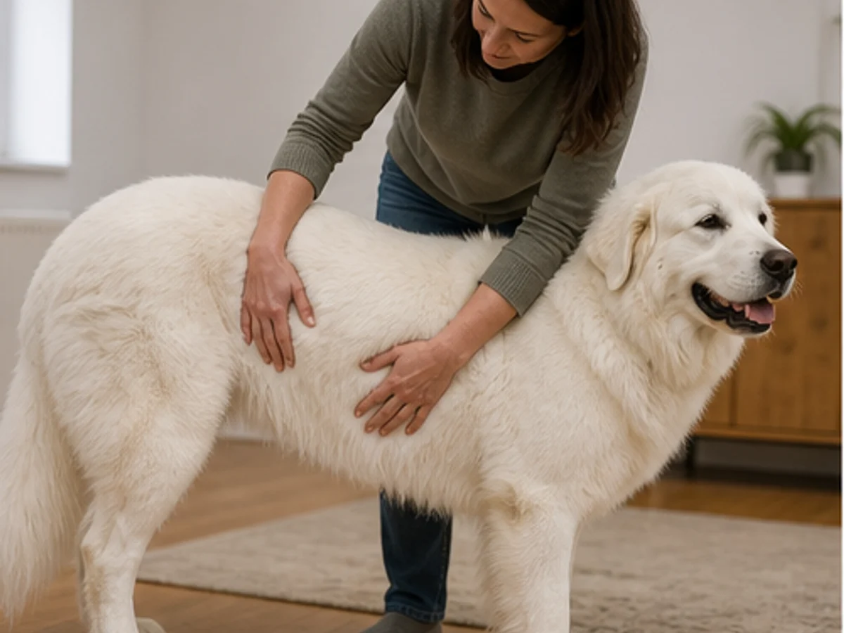 Owner checking body condition on a standing dog