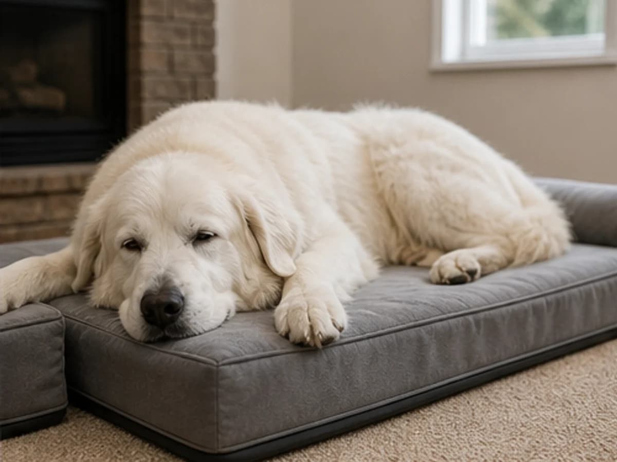 Senior Great Pyrenees resting on a supportive bed