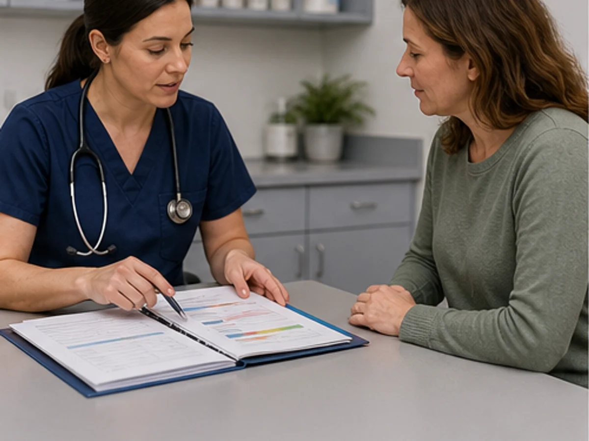 Calm veterinary consultation with health records visible but unreadable