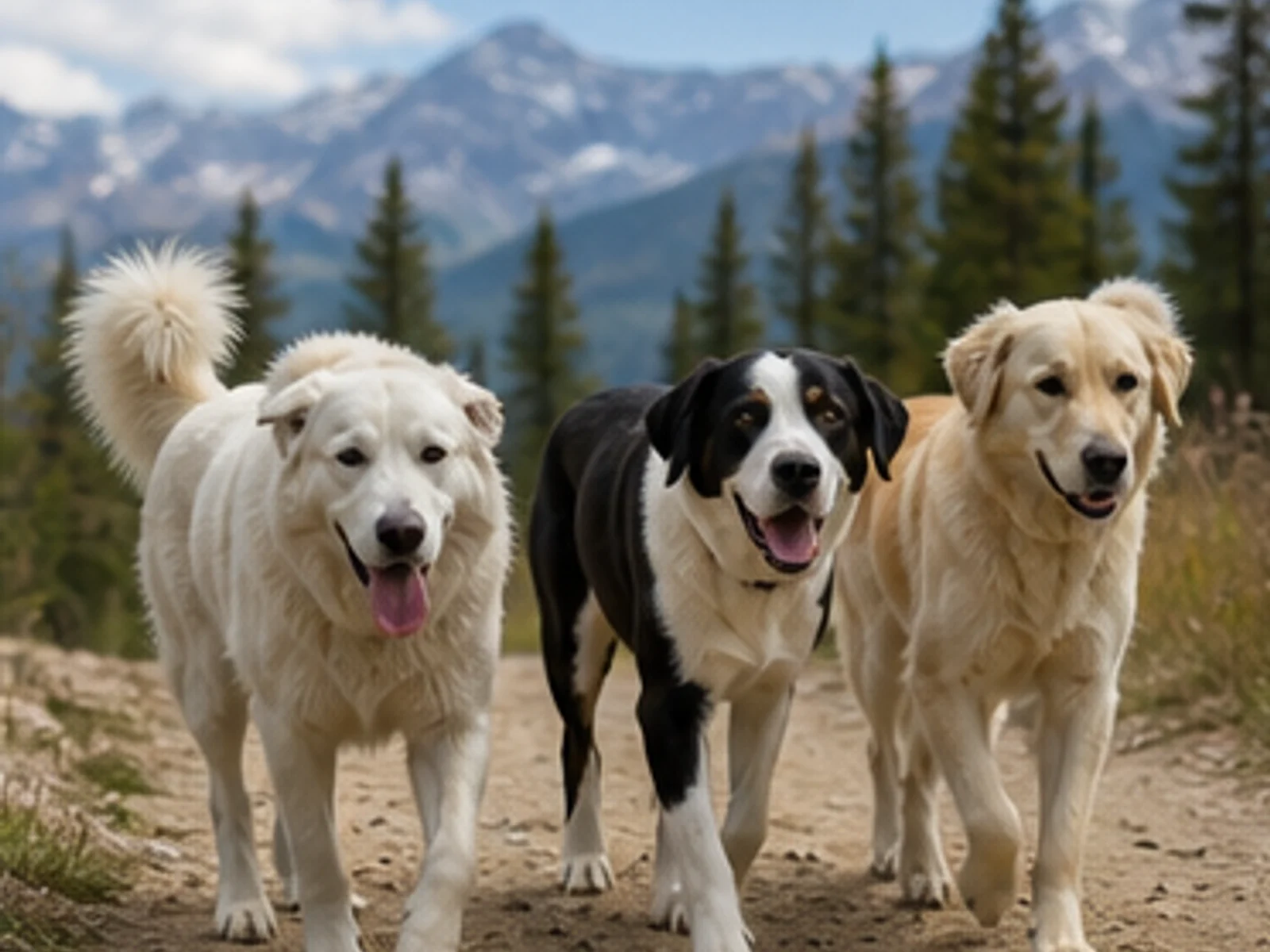 Three plausible Great Pyrenees mixes together outdoors; individual appearance cannot prove ancestry