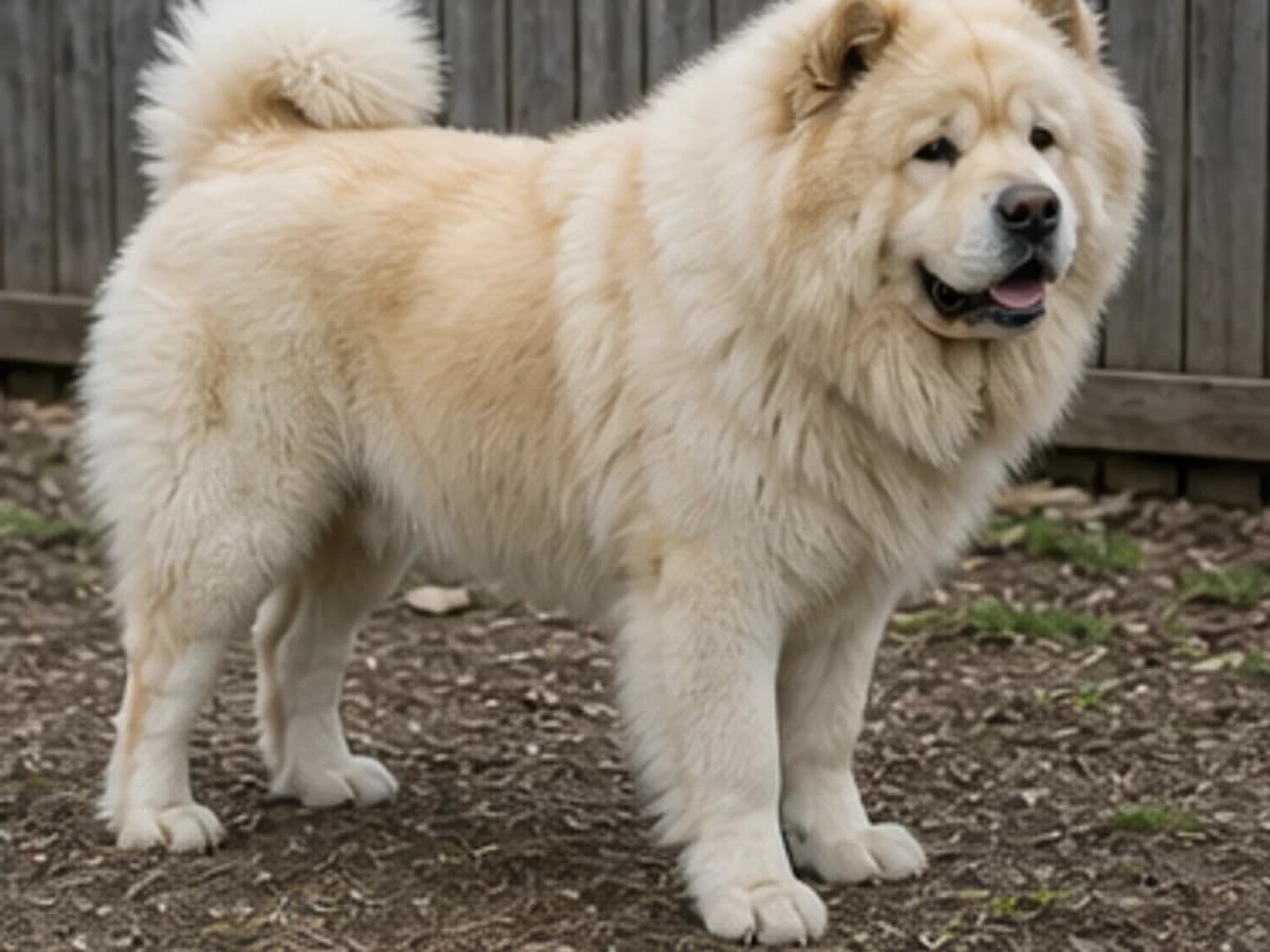 Plausible Great Pyrenees and Chow Chow mix with a dense cream coat