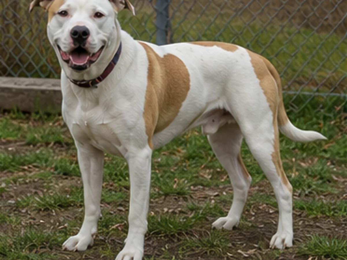 Plausible Great Pyrenees and pit bull-type mix with a sturdy white-and-tan build