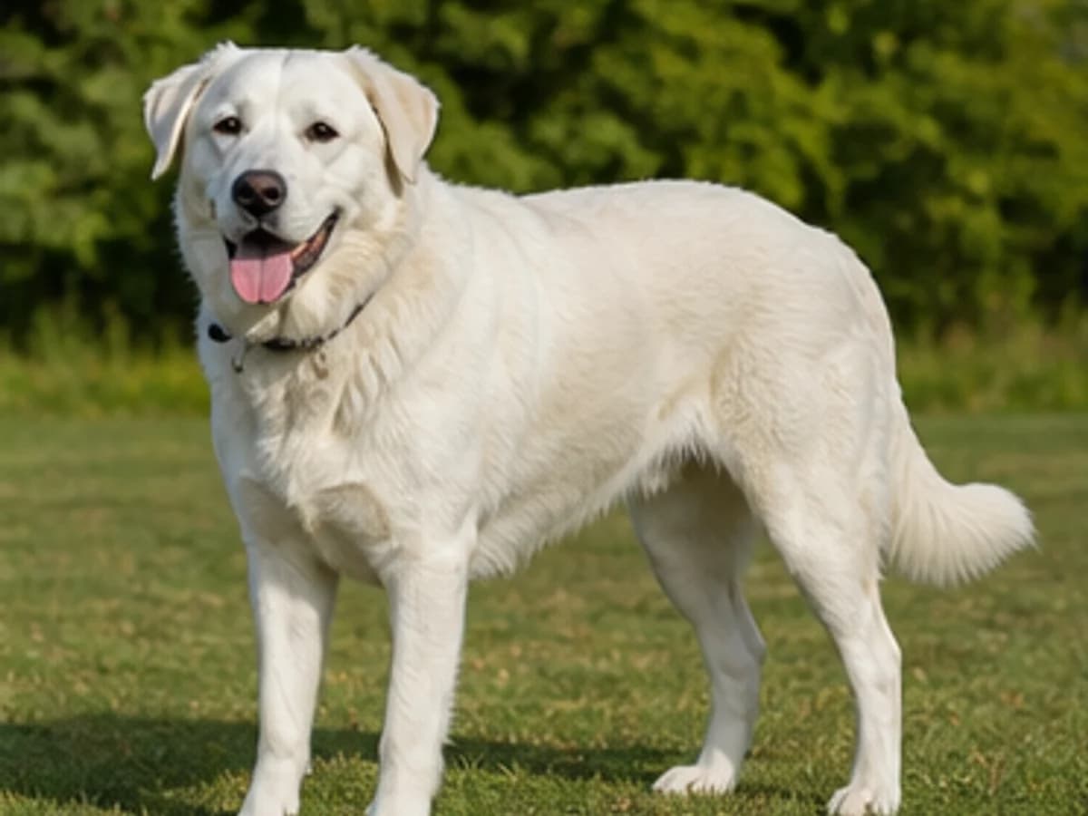 Plausible Great Pyrenees and Labrador Retriever mix with a blended guardian-retriever build