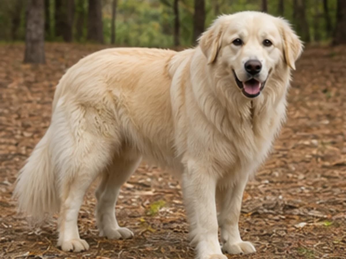 Plausible Great Pyrenees and Golden Retriever mix with a cream-gold feathered coat