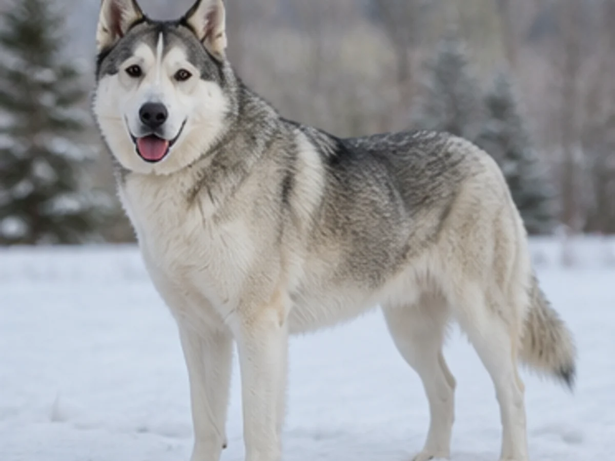 Plausible Great Pyrenees and Siberian Husky mix with northern-breed markings