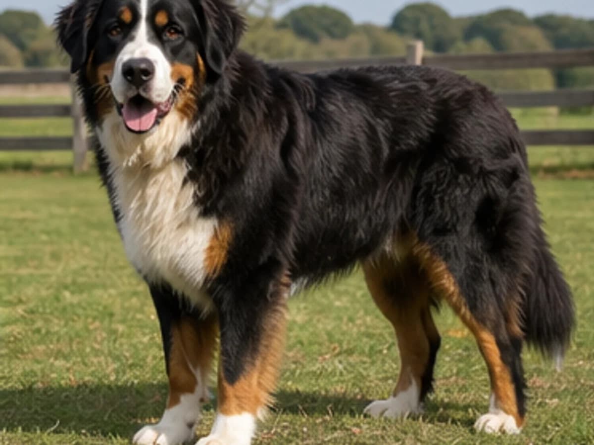 Plausible Great Pyrenees and Bernese Mountain Dog mix with a large tricolor coat