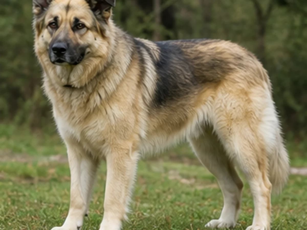 Plausible Great Pyrenees and German Shepherd mix with a cream-and-sable coat