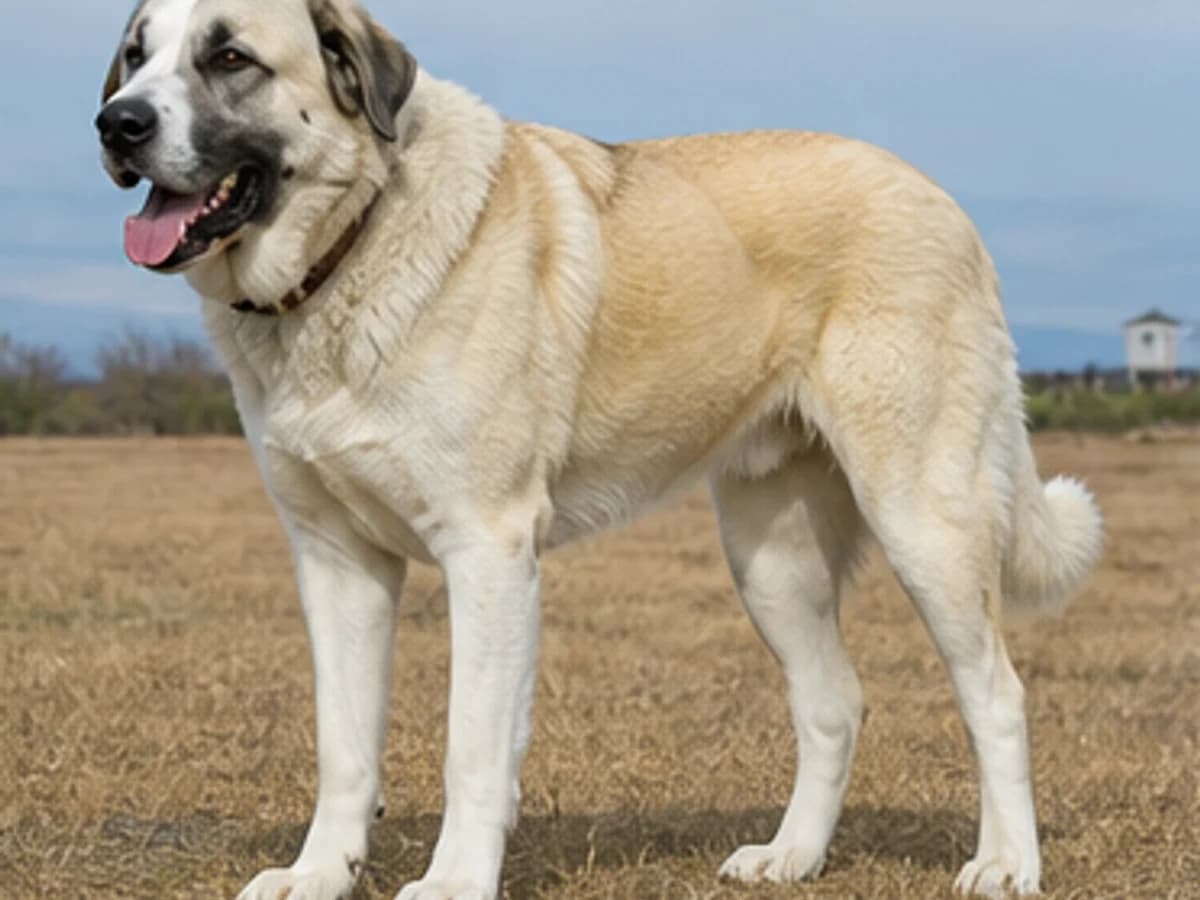 Plausible Great Pyrenees and Anatolian Shepherd mix in a rural setting