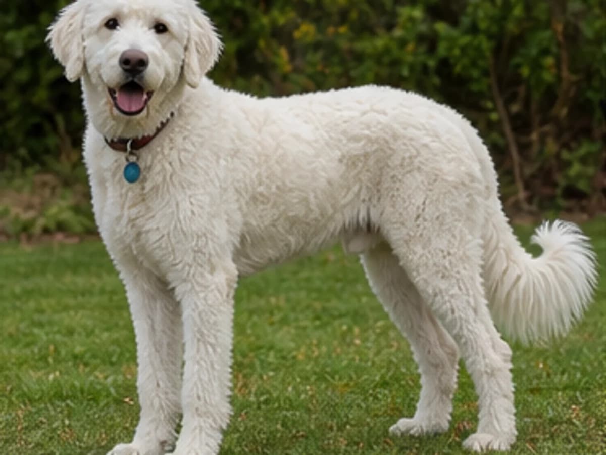Plausible Great Pyrenees and Standard Poodle mix with a wavy coat; coat outcomes vary