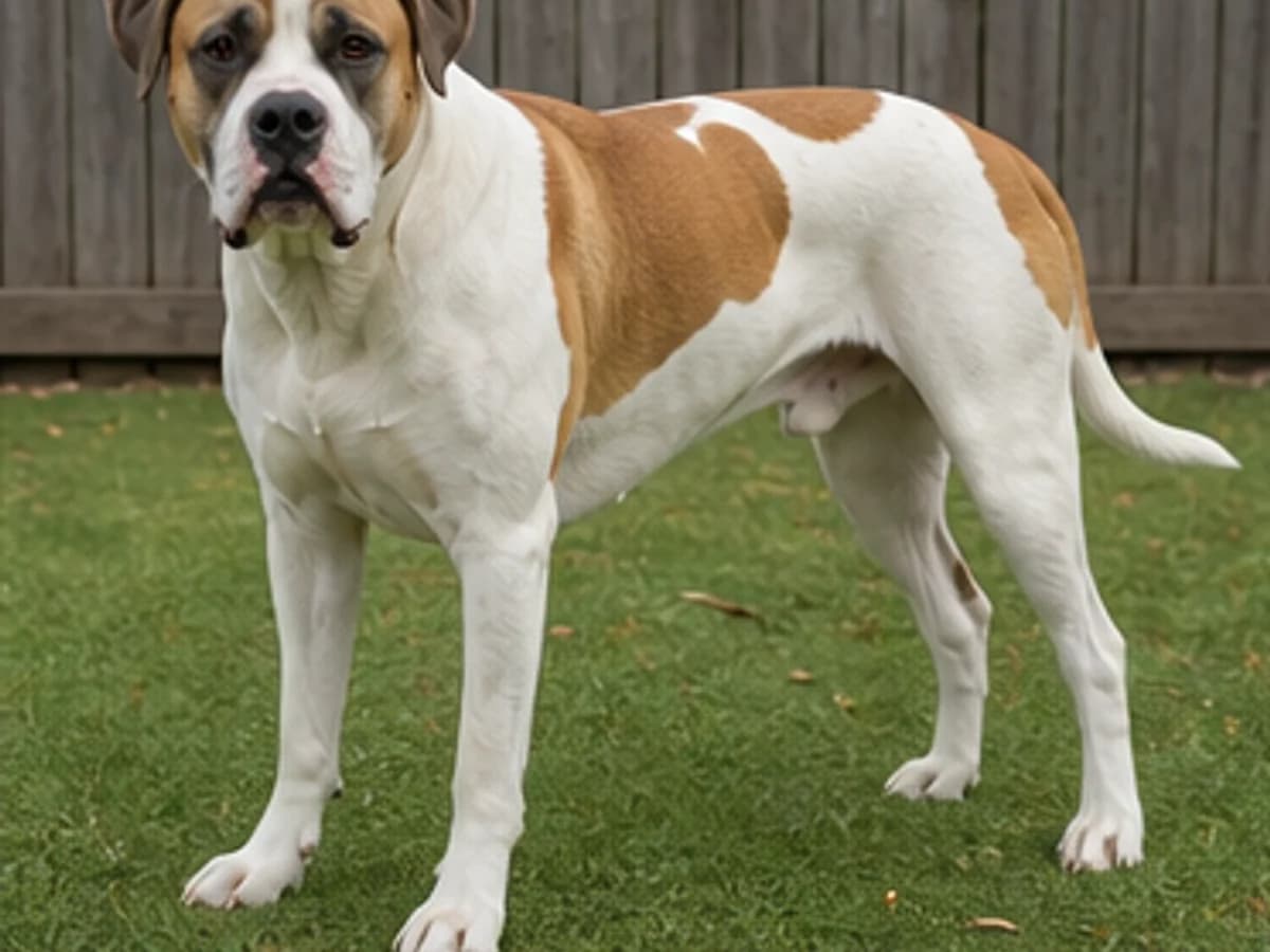 Plausible Great Pyrenees and Boxer mix with an athletic white-and-fawn build