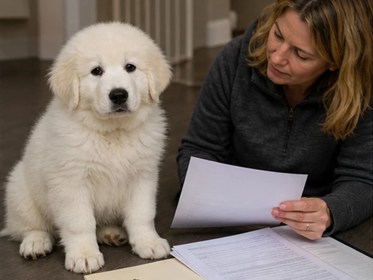 Great Pyrenees puppy with breeder or rescue paperwork, no visible personal data