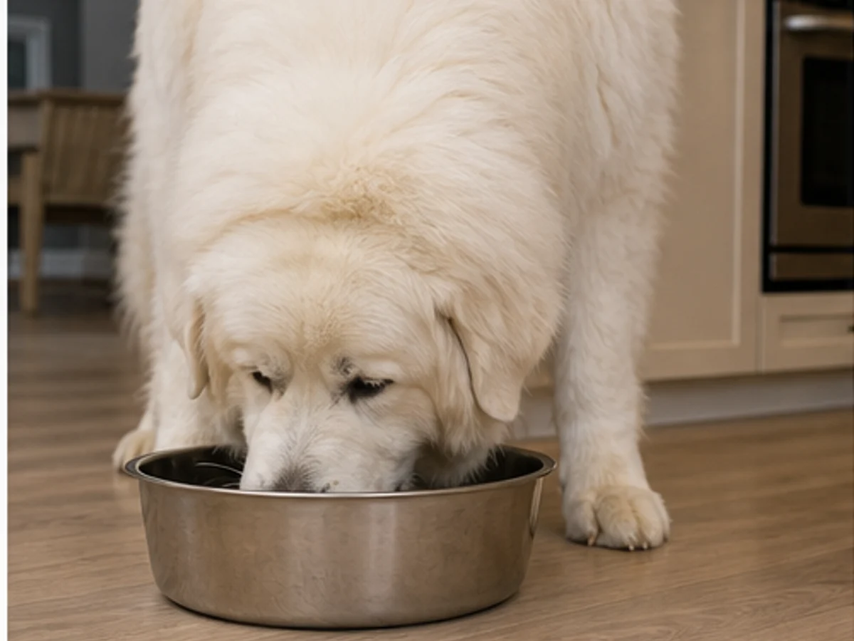 Adult Great Pyrenees eating from a large bowl