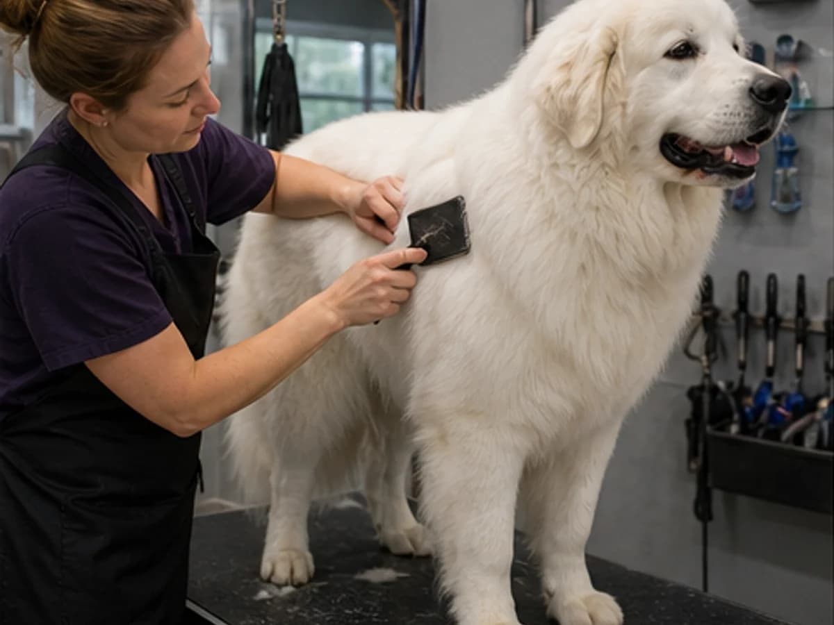 Professional grooming scene for a double-coated dog