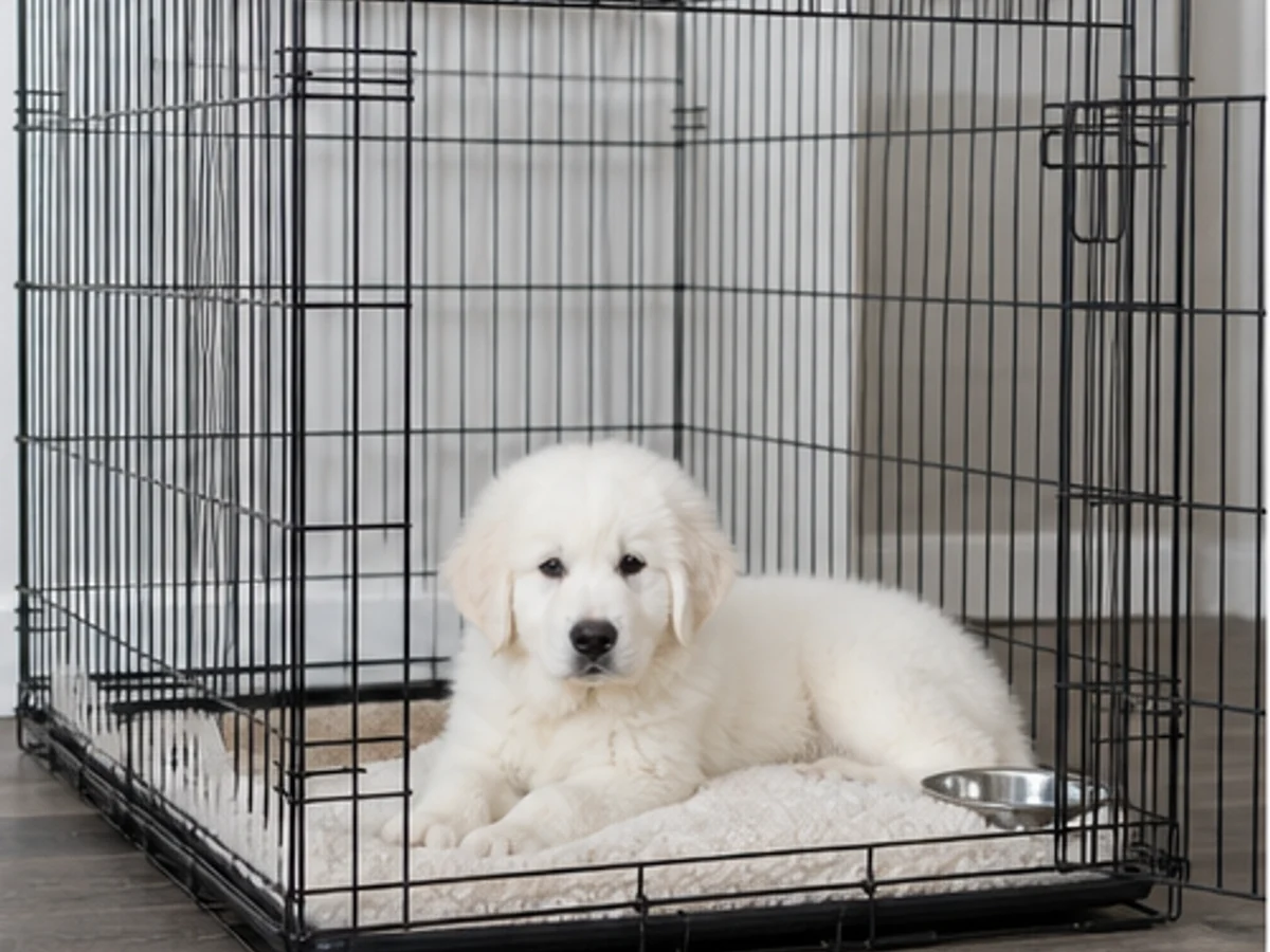 Puppy resting in an appropriately divided XL crate