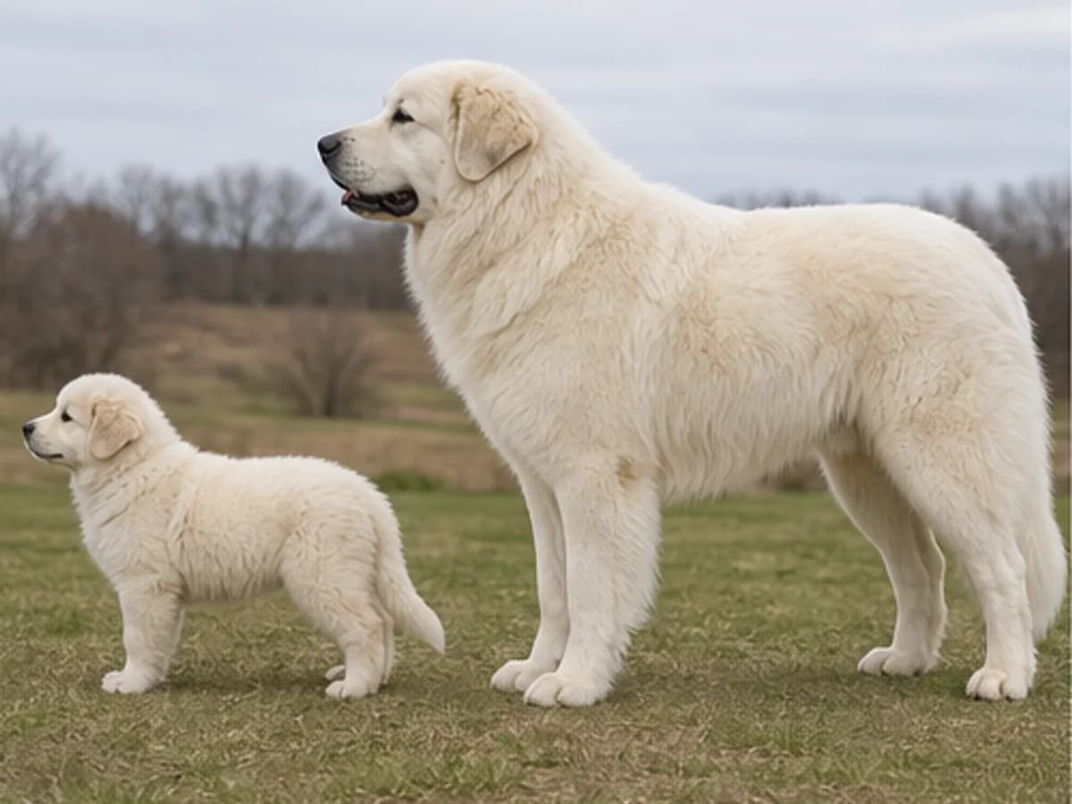 Puppy and adult shown separately in comparable side-profile scenes