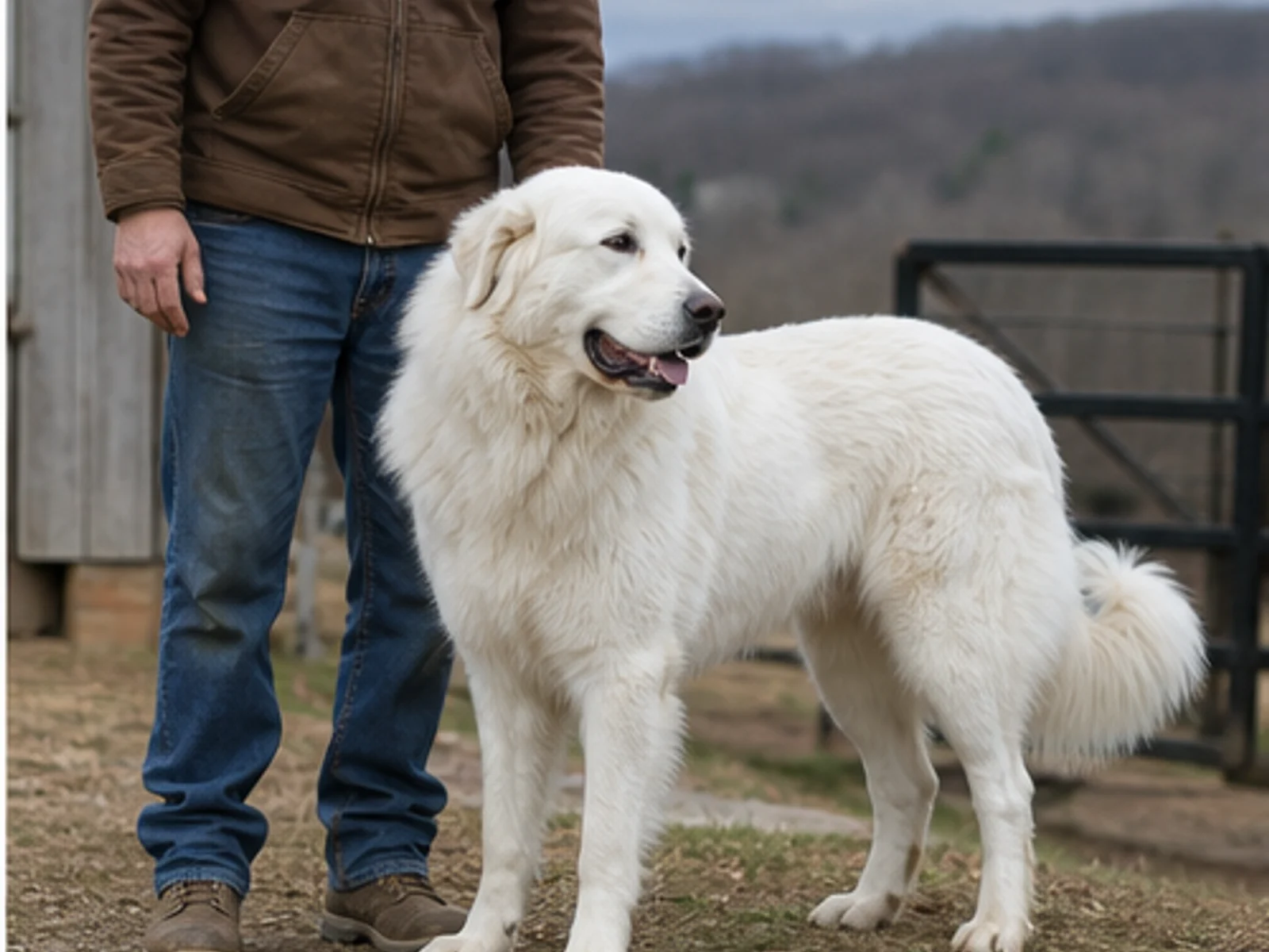 alert but relaxed adult Great Pyrenees beside a handler
