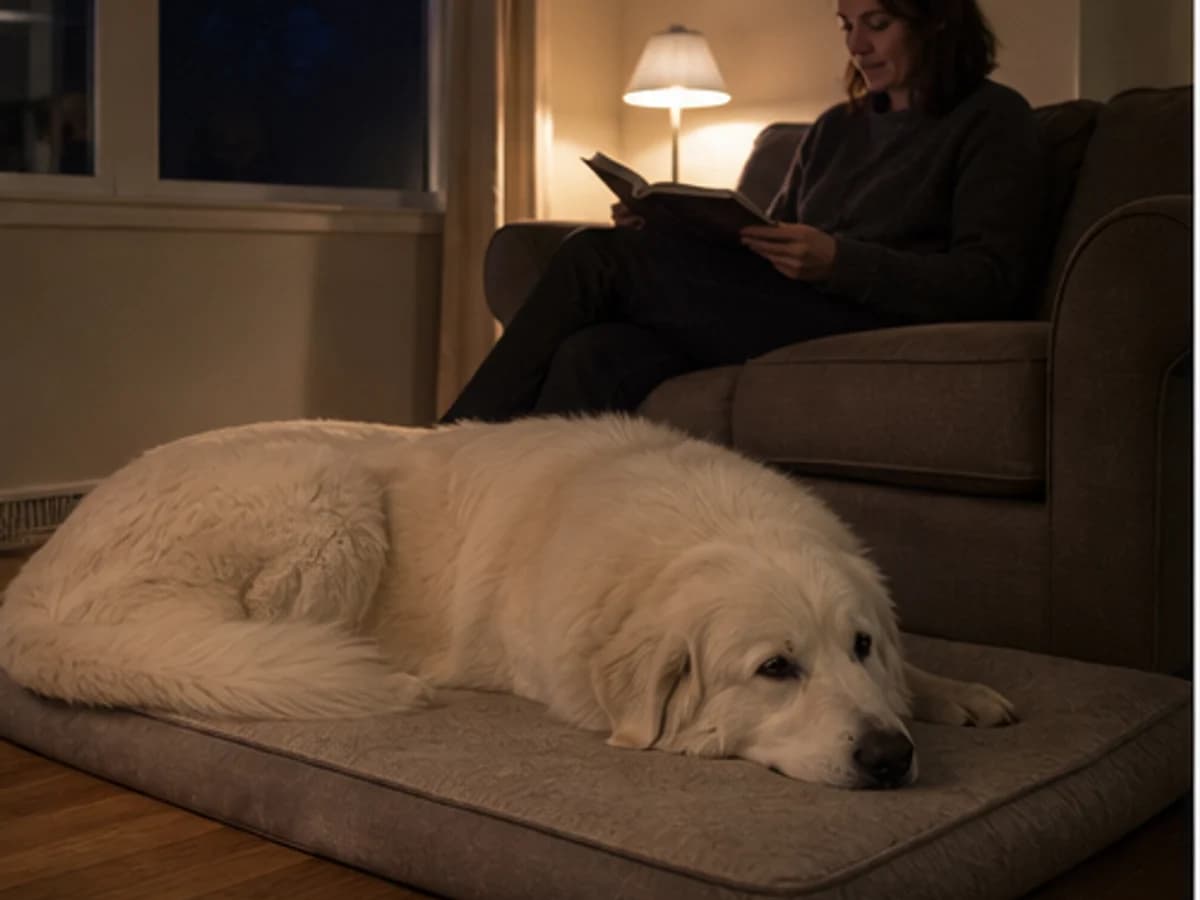 Nighttime indoor settling scene illustrating barking management