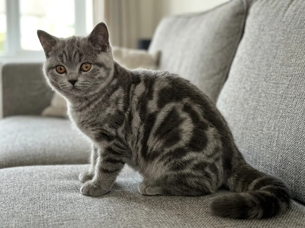 Blue classic tabby British Shorthair kitten with bold marbled swirls on its flank and copper eyes sitting on a grey sofa